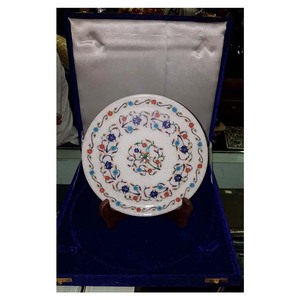 Plato redondo con incrustaciones de diseño floral de mármol para decoración de oficina - Product Image 1