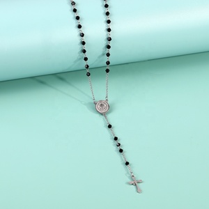 Collar de Rosario de Acero Inoxidable de Alta Calidad con Cuentas de Cristal Negro y Cruz de Jesús, Venta al por Mayor de Artículos Católicos, Pulsera de Cuentas - Product Image 3