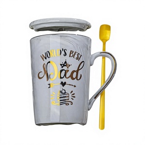 Fathers Day Birthday Gift World's Best Dad Funny Gold Print 14Oz Grey Marble Ceramic <strong>Mug</strong> Microwave Safe Break Resistant Lid - Product Image 1