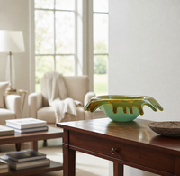 Bixuan Aqua Groene Olijf Amber Splash Rim Mondgeblazen Soda Lime Glas D32cm Schaal Schaal Sculpturale Fruit Schaal Tafeldecoratie