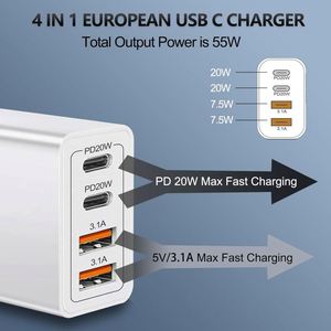 55W Fast Charging 4 Ports Multiple Charger Dual <b>USB</b>-A Plug 2 PD20W QC3.0 Power <b>Adapter</b> <b>Type</b>-<b>c</b> Power Supply for iPhone Samsung - Product Image 2