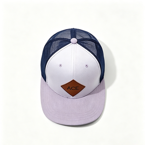 Two Tone White Lavender Navy <b>Mesh</b> Back Trucker Cap Custom Diamond PU Leather Patch 6 Panel Adjustable Trucker Hat - Product Image 5