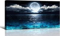 Tableau mural Lune Pleine Océan, ciel nocturne étoilé et nuages, impression sur toile, paysage côtier de plage marine bleue, encadré pour salon