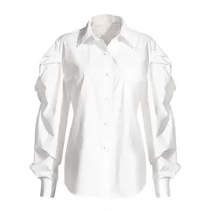 CHICEVER Casual Blouse Top Puff Sleeve Single Breasted Gathered Waist Women'S Blouses