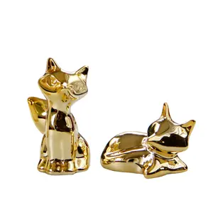 Electroplated Glaze Gold Plated Ceramic Fox Statues Gold Home Decor Modern Style Figurine Decorative Ornaments