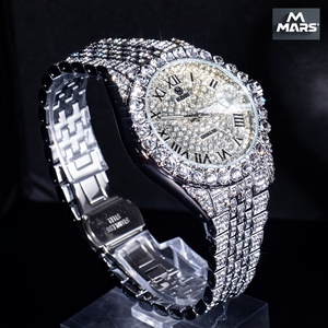 Herren Luxus 41mm Edelstahl-Armband Quarzuhr Hip-Hop-Stil mit Römischen Ziffern Datumsfunktion Moissanit-Diamant-Besatz - Product Image 5