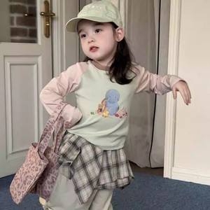 Girls Color Block Cartoon Print <b>Long</b> <b>Sleeve</b> T-Shirt Cotton Spring Autumn <b>Base</b> <b>Layer</b> Top For Kids - Product Image 2