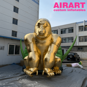 Estatua Inflable de Gorila Gigante Metálico Dorado Personalizada, Modelo Inflable de King Kong Dorado Brillante con Hojas Verdes de Selva - Product Image 4