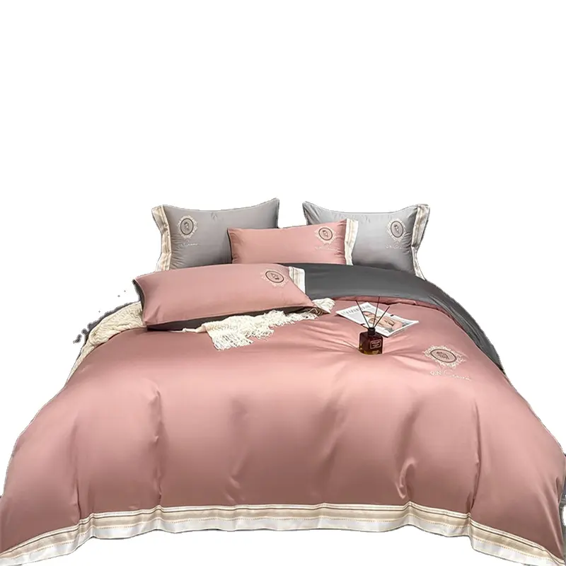 Wholesale luxury wide edge design embroidery high thread count solid microfiber bedding set