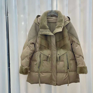 Chaqueta de plumón de gama alta para <span class=keywords><strong>mujer</strong></span> 2024, piel de visón Real, telas de seda con capucha, chaqueta de plumón de <span class=keywords><strong>ganso</strong></span> holgada cálida de longitud media para invierno - Product Image 1