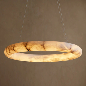 Lustre rond moderne de luxe en marbre, luminaires suspendus en pierre d'albâtre naturelle pour salon - Product Image 1