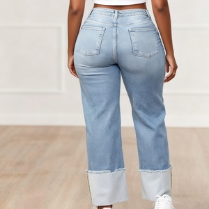 Nuevos Pantalones de Mujer de Color Puro Lavado con Dobladillos Plegables y Jeans Largos Ajustados a la Cadera, a la Moda - Product Image 2