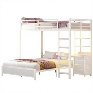 Lit superposé double ADORNEVE avec bureau, 4 tiroirs en tissu, lumières LED, station de charge, garde-corps de sécurité, échelle, pour enfants/adolescents, blanc, sans boîte - Product Image 1