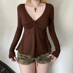 Women’s <b>Brown</b> <b>Long</b> <b>Sleeve</b> Knotted Front <b>Top</b> Slim Fit Soft Stretch Deep V Neck Casual Elegant Basic Tee Shirt - Product Image 1