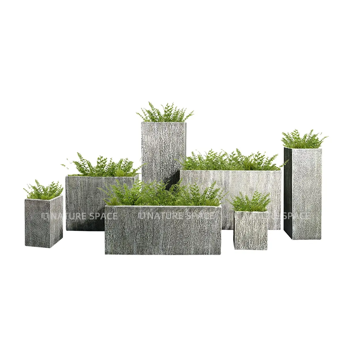 Grand rectangle en fibre de verre boîte de jardinière en résine bon marché ensemble de pots de fleurs pour jardin décor à la maison utilisation du sol design pot en fibre d'argile