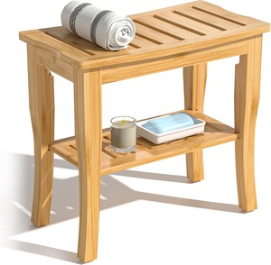 Shower Bench <b>Stool</b> <b>Storage</b> Shelf Waterproof Shower Chair t for Adults Elderly Seniors Premium Wooden Shower Bench Bamboo - Product Image 2