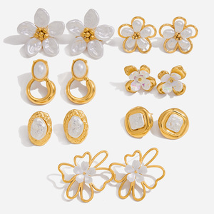 Flower Stud <b>Earrings</b> Gold Plated <b>Opal</b> Inlay Geometric Design For Gift Yiwu Origin - Product Image 1