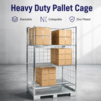 Cage à palettes en treillis métallique galvanisé, entièrement soudée, empilable et démontable, pour utilisation en logistique d'entrepôt