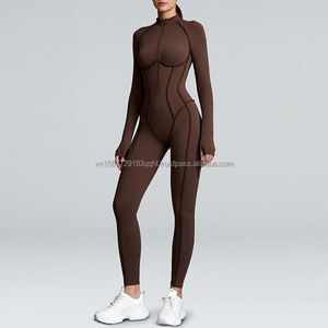 Conjunto de mono de entrenamiento de alta resistencia con cuello alto, media cremallera, manga larga, cintura alta y efecto levanta glúteos para moldear el cuerpo. - Product Image 4