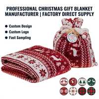 Couverture promotionnelle de cadeaux de Noël Couverture portable en flanelle d'impression d'élan rouge personnalisée avec sac exquis