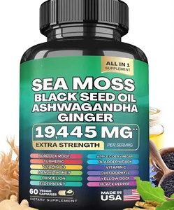 Cápsulas de musgo de mar 3000mg Aceite De Semilla Negra Ashwagandha Cúrcuma Bladderwrack Bardana Vitamina D3 Suplemento de cápsula de musgo de mar