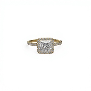 Bague de fiançailles de luxe plaquée or 18K 14K avec diamant de laboratoire taille princesse et halo de diamants, bande pavée de diamants ronds, bijoux de mariée raffinés - Product Image 1