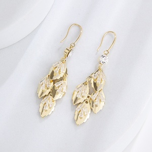 Vintage 18K Gold Metal Leaf CZ Zircon Diamond Dangle Earrings for Women <strong>Huggie</strong> Style with Hook Shape Exaggerated Dangle Design - Product Image 3