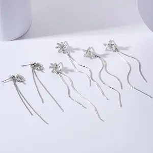 KJ sterling silver set zirconium long tassel EG earrings Women's Korean simple temperament butterfly double ear thread