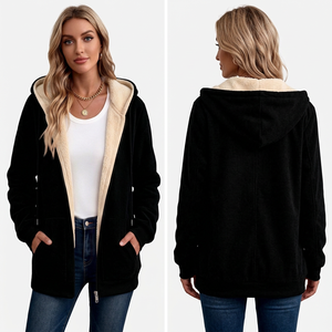 Sudadera con Capucha Negra para Mujer, con Cierre, Forro de Felpa Crema, Chaqueta Casual de Invierno, Manga Larga, Color Sólido, Corte Regular - Product Image 2