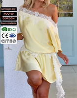 Mini-robe de soirée personnalisée en satin jaune avec dentelle, sexy, décontractée, à manches courtes, pour club, élégante, vente en gros