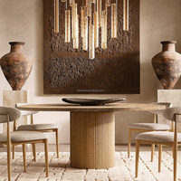 Table de salle à manger ronde en chêne de qualité supérieure avec plateau en marbre, style moderne minimaliste, piétement cylindrique cannelé, table de banquet artisanale pour hôtel et villa