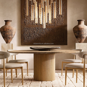 Mesa de Comedor Redonda de Roble Premium con Tapa de Mármol, Pedestal Cilíndrico Acanalado Moderno y Minimalista, Mesa de Banquete Artesanal para Hotel y Villa - Product Image 5