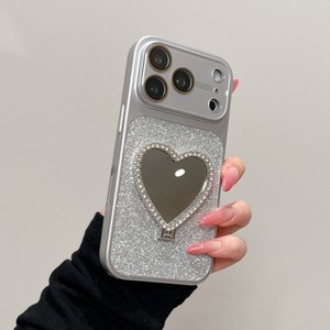 luxury Glitter Diamond Heart shaped Mirror stand Mobile phone <b>case</b> for <b>iPhone</b> 17 16 15 pro max shimmering holder Soft cover back - Product Image 2