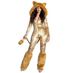 Disfraz de Halloween de una pieza, talla S-XL, disfraz de zorro para mujer adulta, traje de animal peludo dorado - Product Image 4