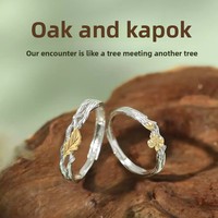 Bagues de couple en argent sterling S925 avec motif fleur et arbre en chêne et kapok pour homme et femme – Design unique et de niche