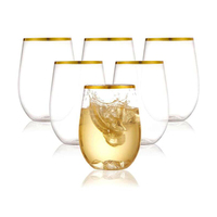Verre à vin sans pied en plastique PET avec bord doré, 12 oz, incassable, réutilisable, pour mariage, fête, bar, vente en gros