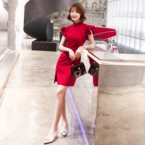 Robe de mariée Cheongsam Qipao rouge et noire, mode féminine, jeune fille, courte, en tissu polyester, vêtement traditionnel <span class=keywords><strong>chinois</strong></span> - Product Image 2