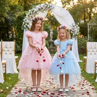 Gaun Pesta Anak Perempuan Model Puff Sleeve Polka Dot dengan Ekor, Gaun Putri untuk Pernikahan, Pengiring Pengantin, Penampilan Piano, atau Kostum
