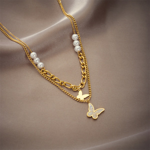 Double Layer Butterfly Pendant Necklace Gold Imitation Pearl Chain Party Jewelry Geometric Design N1835 - Product Image 2