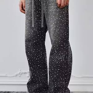 Pantaloni Vintage in Denim a gamba larga con strass lucido per uomo <span class=keywords><strong>abbigliamento</strong></span> <span class=keywords><strong>Streetwear</strong></span> con coulisse lungo per produttore - Product Image 5