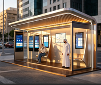 Abri de bus moderne et personnalisé avec écran d'affichage de la prochaine arrêtée, annonceur vocal, chaise d'attente et station de recharge