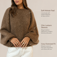 Pull en mohair pour femme, surdimensionné, en tricot moelleux, marron, à manches lanternes, élégant, style français, doux, tricot d'hiver