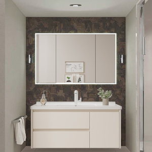 Lavabo de cerámica todo en uno, muebles de tocador de baño, gabinete de espejo de lavado de cara de aluminio con laca de pie - Product Image 3