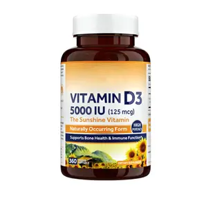 ויטמין D3 5000 IU (125 מק"ג) תומך עצם חיסונית שיניים שרירים ועצבים בריאות של עוצמה גבוהה צורה טבעית D3 כמוסות
