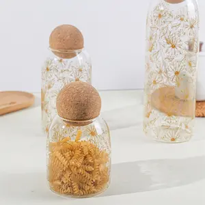 Glass Canister Set With Wooden Ball Cork Lids Round Led Free Glass Jar Containers