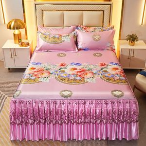 Jupe <span class=keywords><strong>de</strong></span> <span class=keywords><strong>lit</strong></span> en soie glacée avec dentelle, style parisien, motif fleurs, pour l'été, ensemble <span class=keywords><strong>de</strong></span> literie avec 2 taies <span class=keywords><strong>d</strong></span>'oreiller + jupe <span class=keywords><strong>de</strong></span> <span class=keywords><strong>lit</strong></span>, tailles Full, Queen, King - Product Image 1