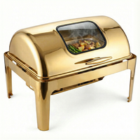 Ensemble de réchauds à buffet en acier inoxydable haut de gamme plaqué or, avec couvercle en verre visible