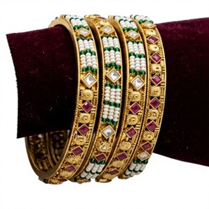 Classy Gold Plated <b>Bangle</b> Bracelets <b>Set</b> With Pearls And Zircon Stones For Women Wedding Party Jewelry Classic Style - Product Image 2