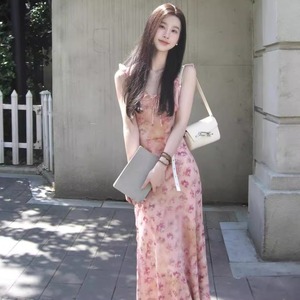 French Style Sweet Pink Floral Print Sundress <b>Elastic</b> Waist Tie Neck Sleeveless Long Dress For Leisure Summer Wear - Product Image 1