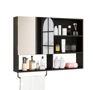 Armoire murale <span class=keywords><strong>de</strong></span> salle <span class=keywords><strong>de</strong></span> bain en bois noir avec étagères réglables, portes doubles, miroir et porte-serviettes, <span class=keywords><strong>rangement</strong></span> au-dessus des toilettes - Product Image 1